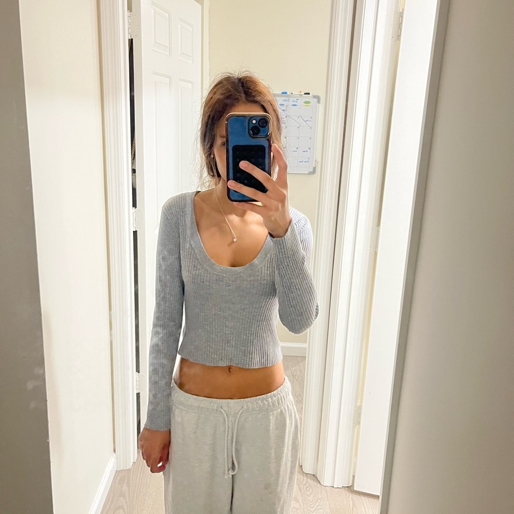 Gray Ribbed Knit Women's Top